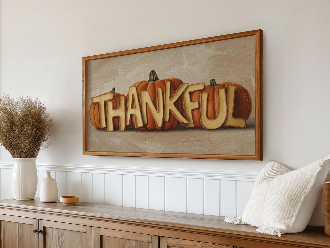 Thankful Wooden Letters Pumpkin Painting Rustic Thanksgiving Art Poster - Image 2