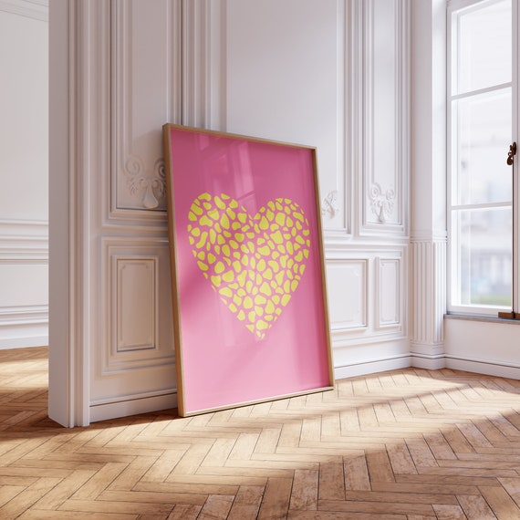 Preppy Wall Art Aesthetic Yellow Pink Heart Poster Girly Dorm Decor Cute Dopamine Print For Teens Room Trendy Art