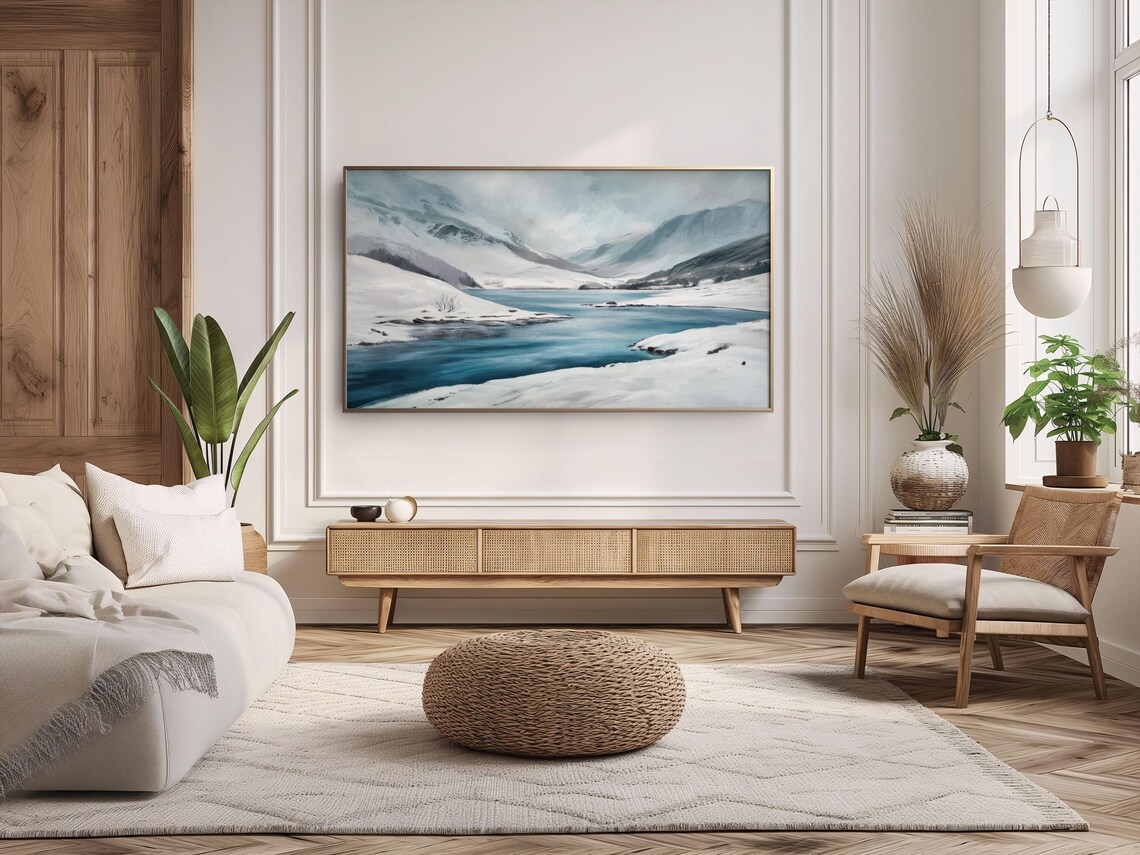 Snowy Mountain Lake Teal Water Misty Peaks Winter Landscape Poster - Image 2