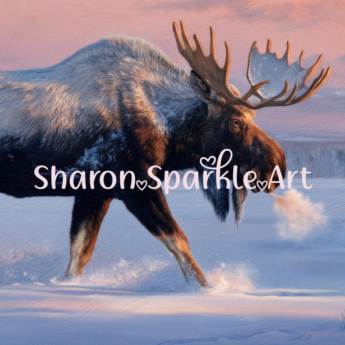 Bull Moose Walking Snowy Forest Dusk Pink Sky Wildlife Poster - Image 4