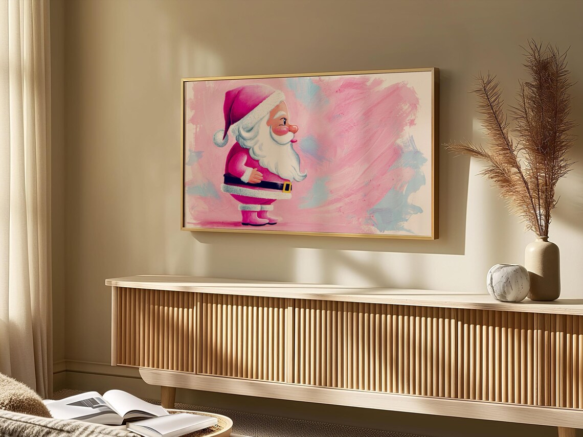 Whimsical Pink Santa Claus Retro Profile Christmas Art Poster - Image 2