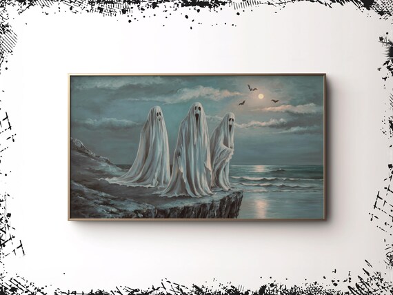 Halloween Frame Tv Art Ghost Landscape Painting Moody Fall Tv Art Neutral Coastal Halloween Party Decor Spooky Beach Frame Screen