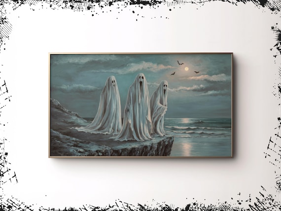 Three Ghosts Moonlit Cliff Sea Bats Moody Coastal Halloween Art Poster