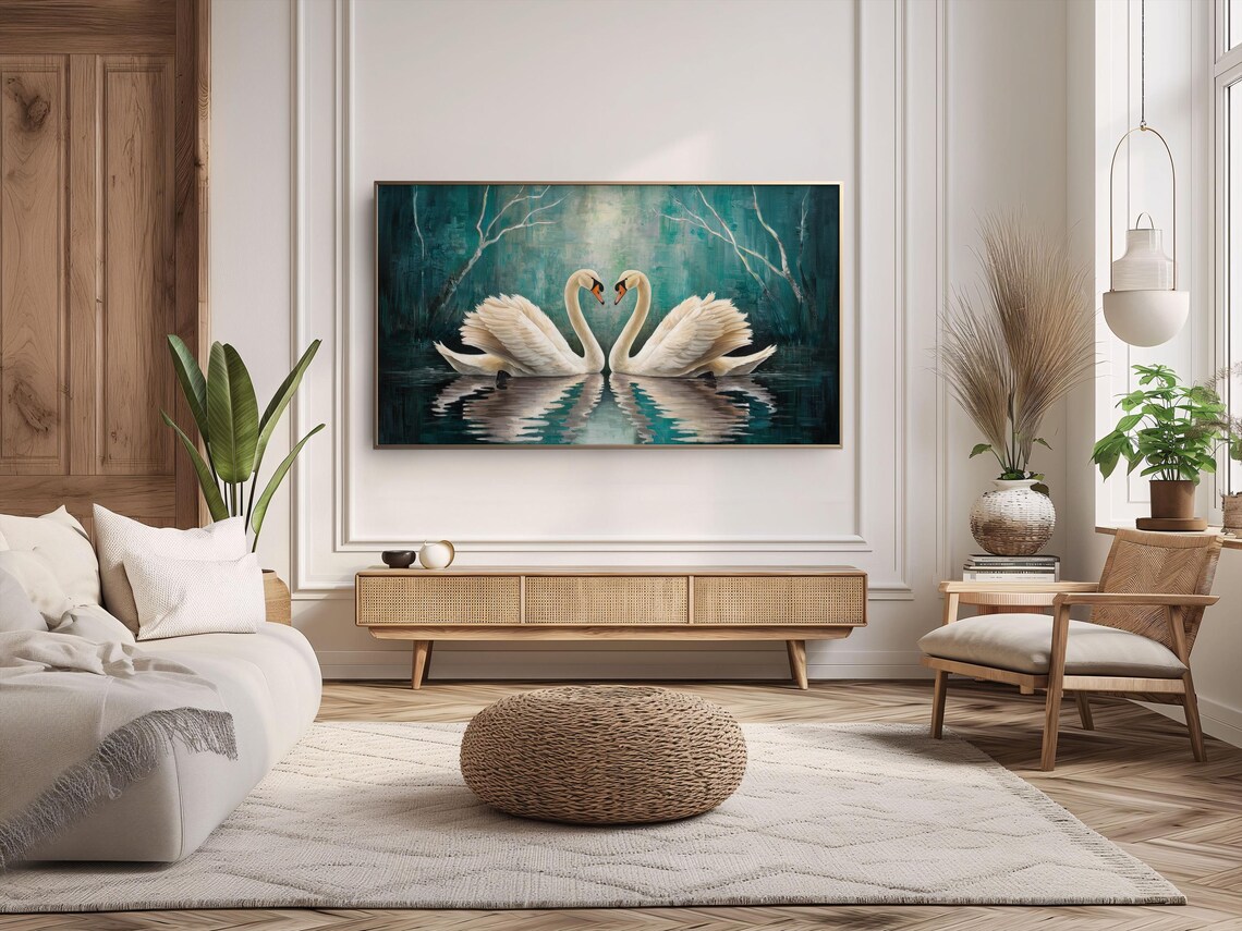 White Swans Heart Necks Teal Winter Lake Romantic Painting Poster - Image 2