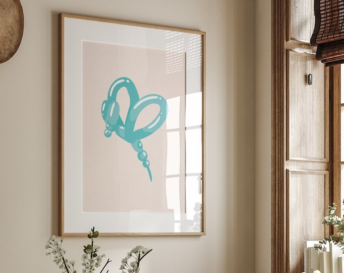 Teal Balloon Butterfly Minimalist Modern Boho Kids Room Poster
