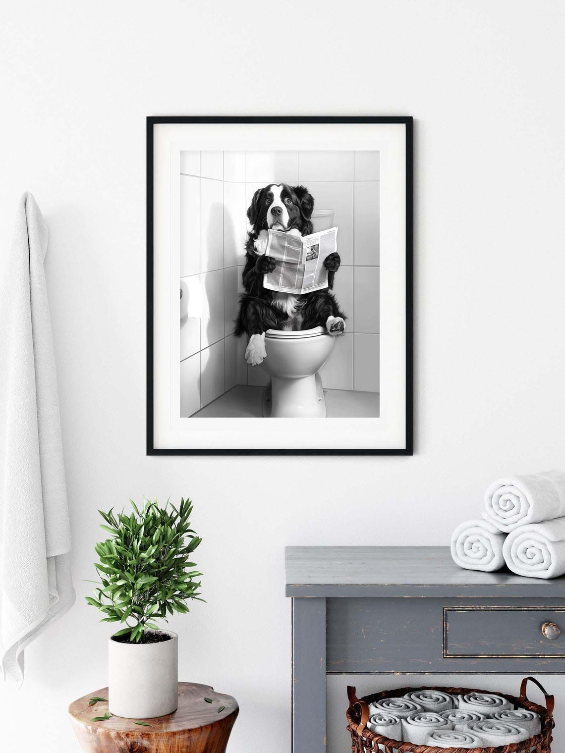 Bernese Mountain Dog Reading Newspaper On Toilet Funny Poster - Image 3