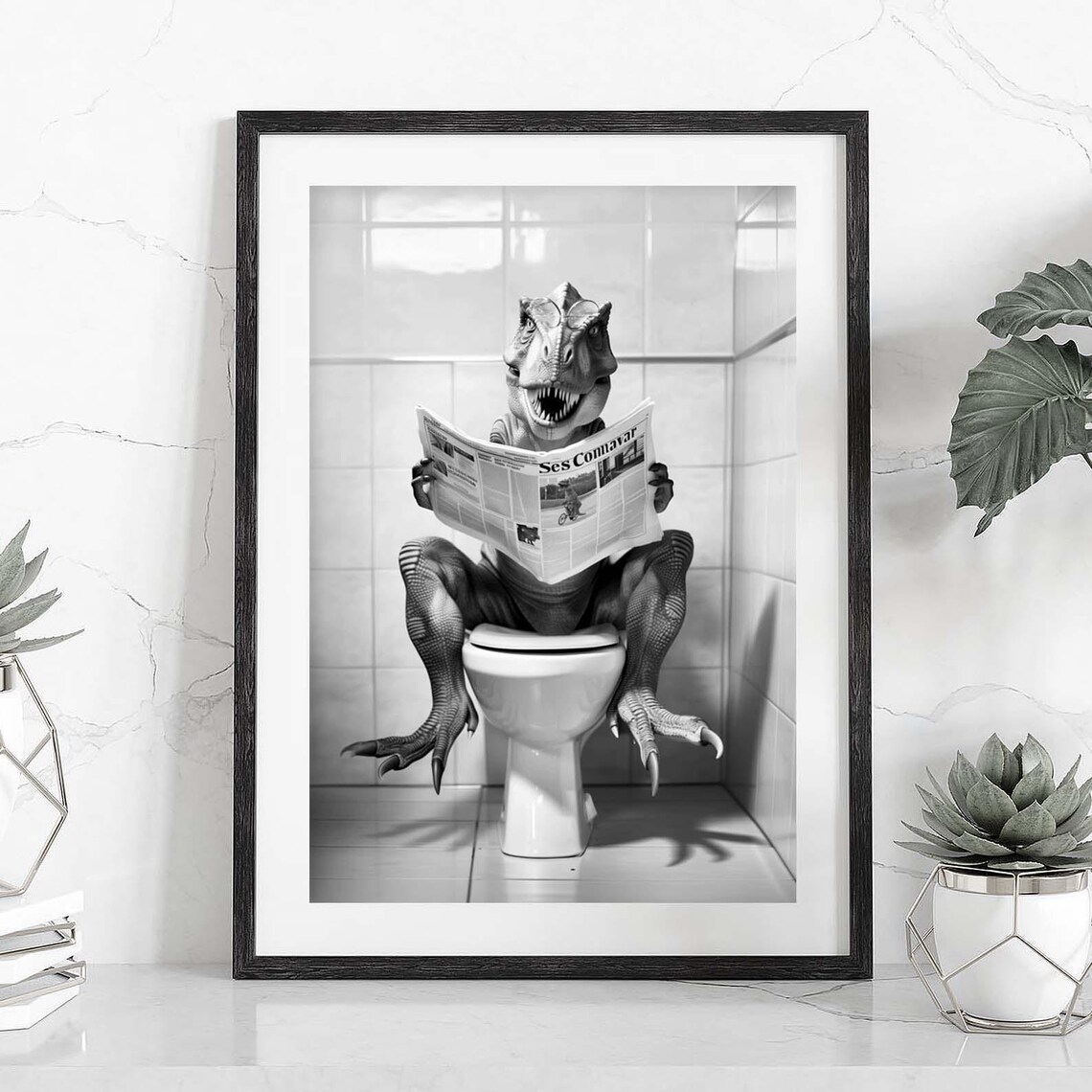 T-Rex Wearing Glasses Reading Newspaper on Toilet Funny Bathroom Poster - Image 2
