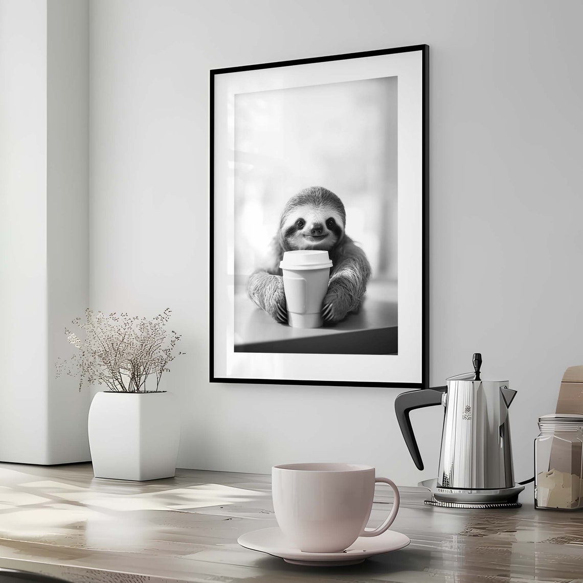 Cute Sloth Holding Coffee Cup Black And White Funny Photo Poster - Image 2