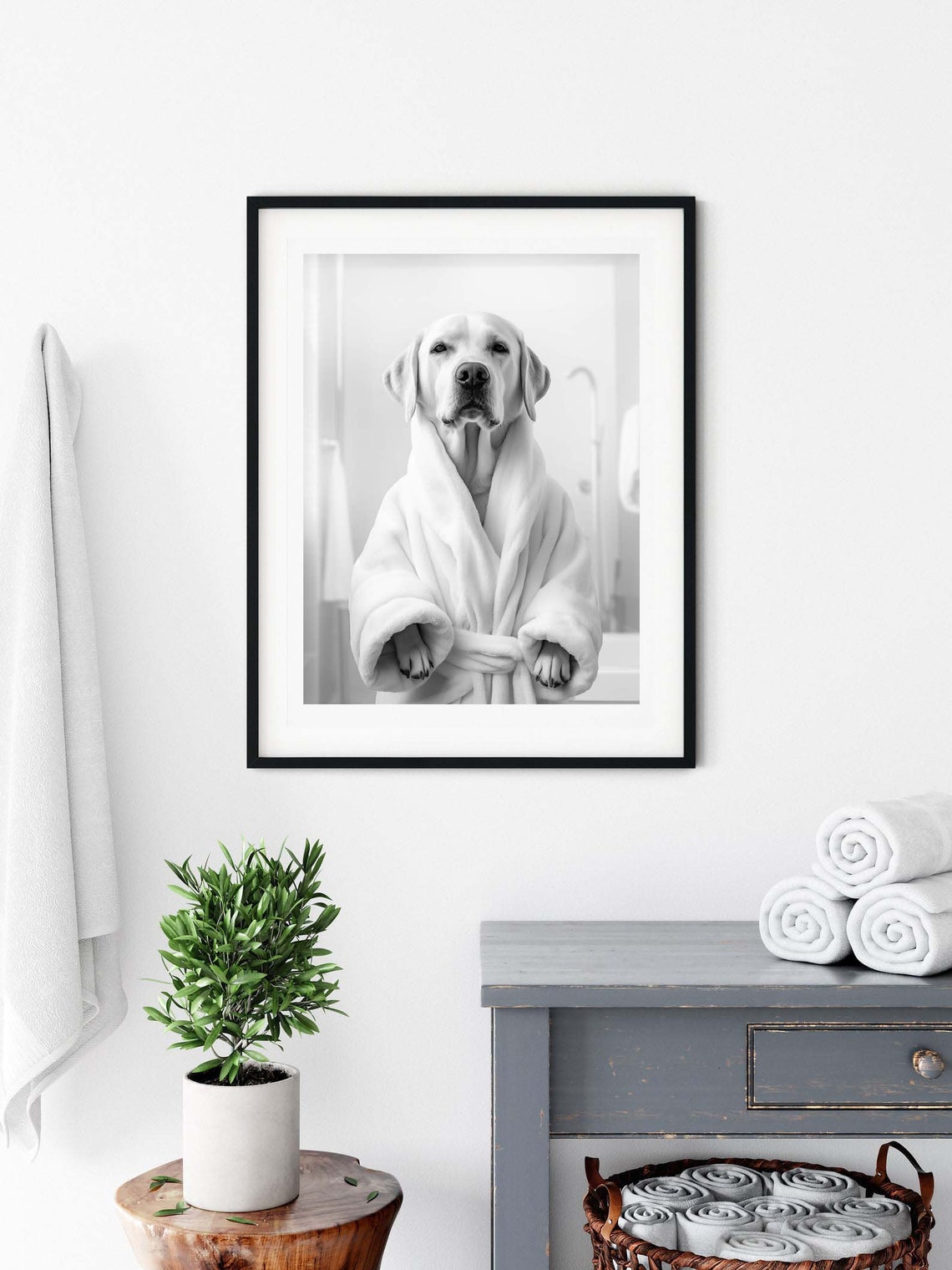 Labrador Retriever In White Bathrobe Black White Funny Dog Poster - Image 3