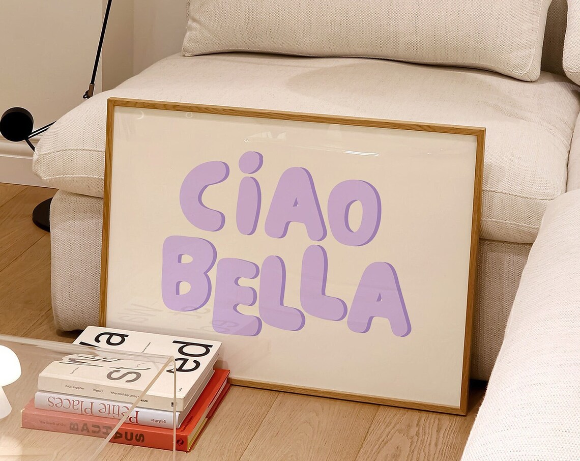 Ciao Bella Lilac Bubble Letter Typography Poster Girly Italian Decor - Image 3