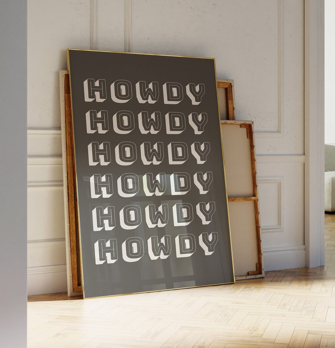 Howdy Repeated Cream On Black Western Typography Bold Wall Art - Image 3