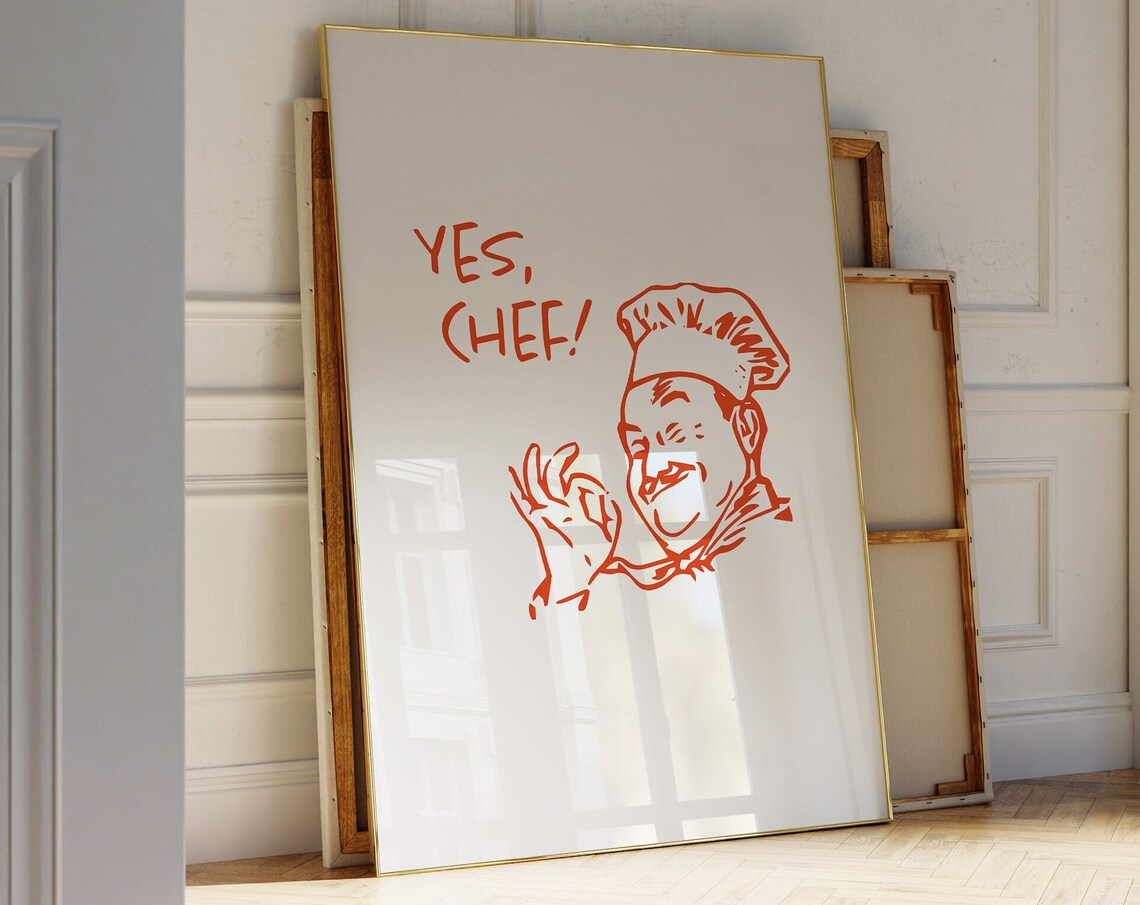 Yes Chef Red Line Drawing Winking Retro Chef Kitchen Art Poster
