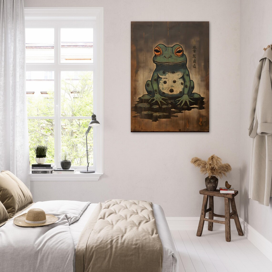 Japanese Woodblock Style Spotted Frog Portrait On Dark Vintage Background Poster - Image 6
