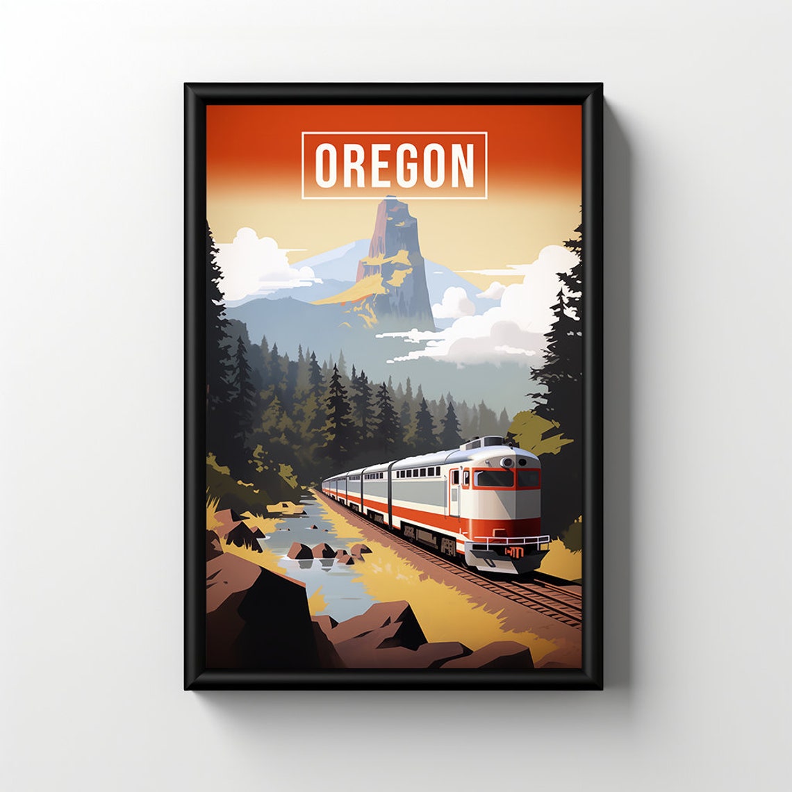 Oregon Mountain Train Pine Forest Sunset Retro Travel Poster