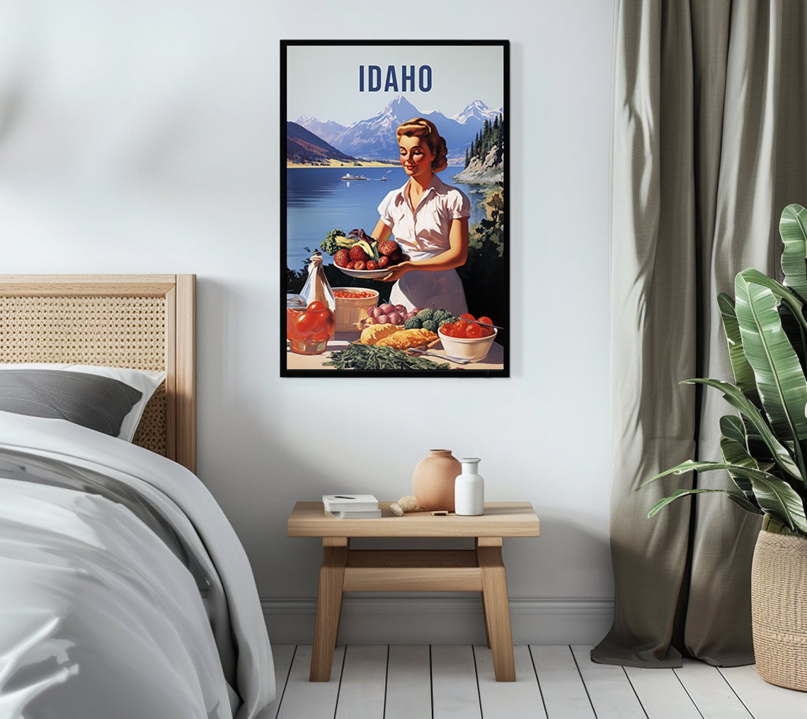 Idaho Retro Harvest Lakeside Mountains Pin Up Style Travel Poster - Image 3