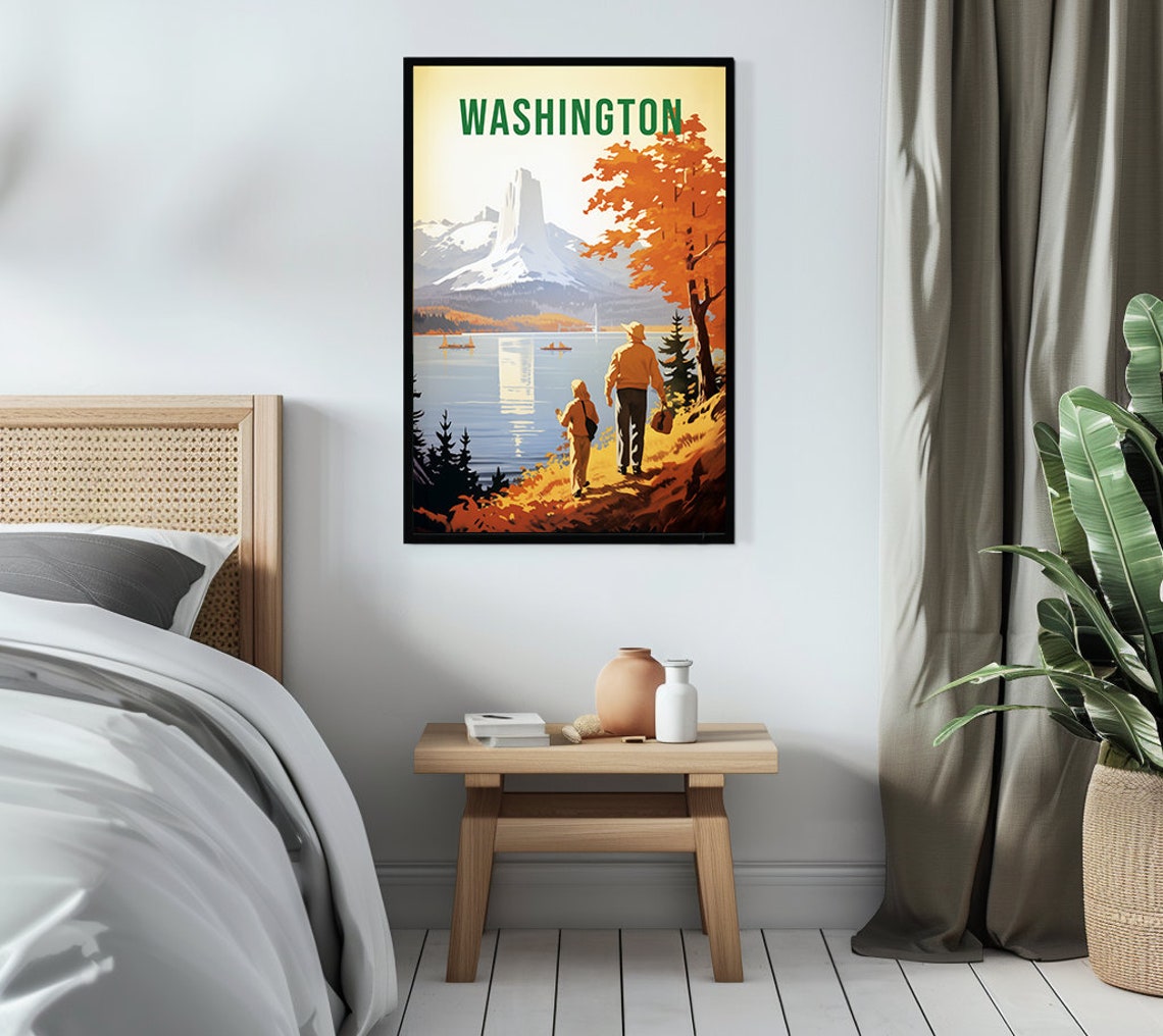 Washington State Autumn Lake Hikers Mountain Retro Travel Poster - Image 3