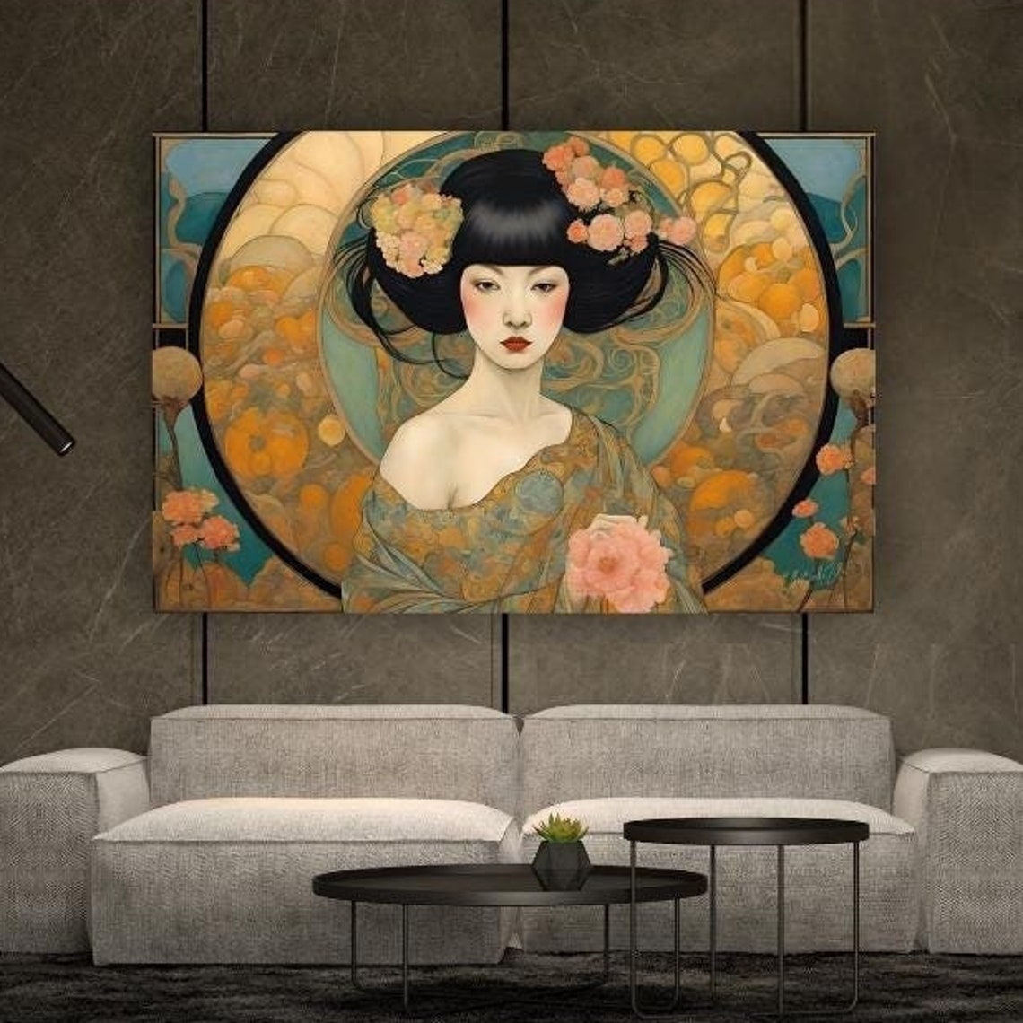 Art Nouveau Geisha Black Halo Gold Portrait Floral Elegance Wall Art