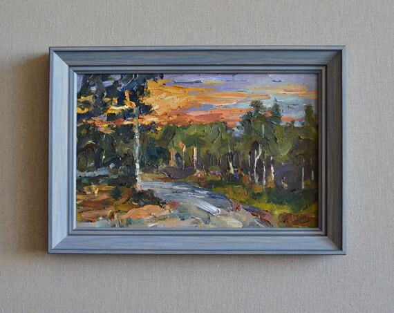 Original Framed Landscape Oil Painting Scenery With Sunset And Forest Impasto Textured Landscape European Fine Art One Of A Kind Unique