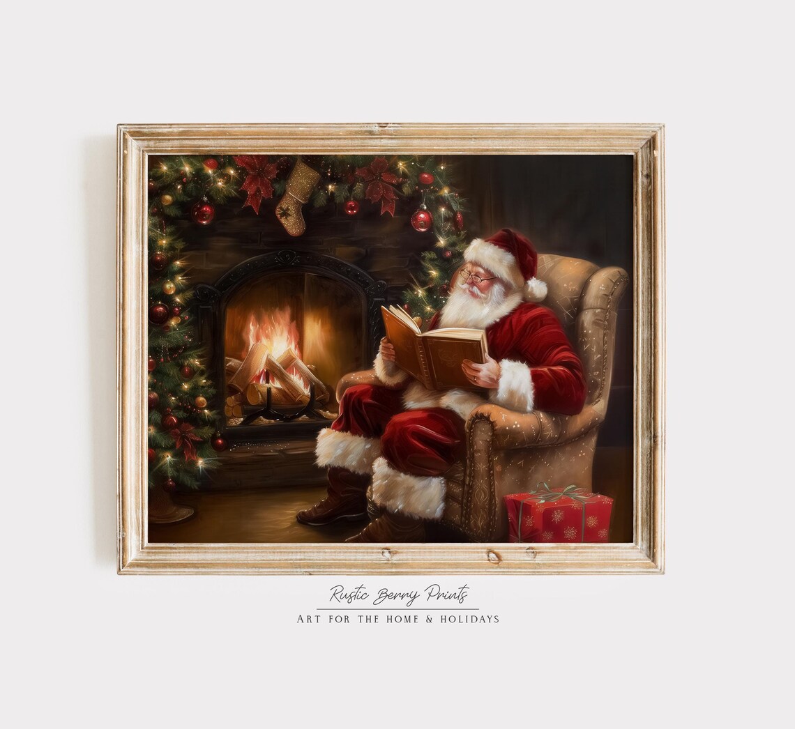 Santa Claus Reading A Book By The Fireplace, Vintage