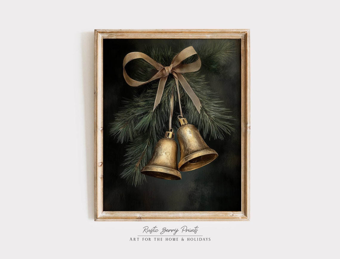 Antique Brass Christmas Bells Ribbon Bow Pine Boughs Moody Dark Poster