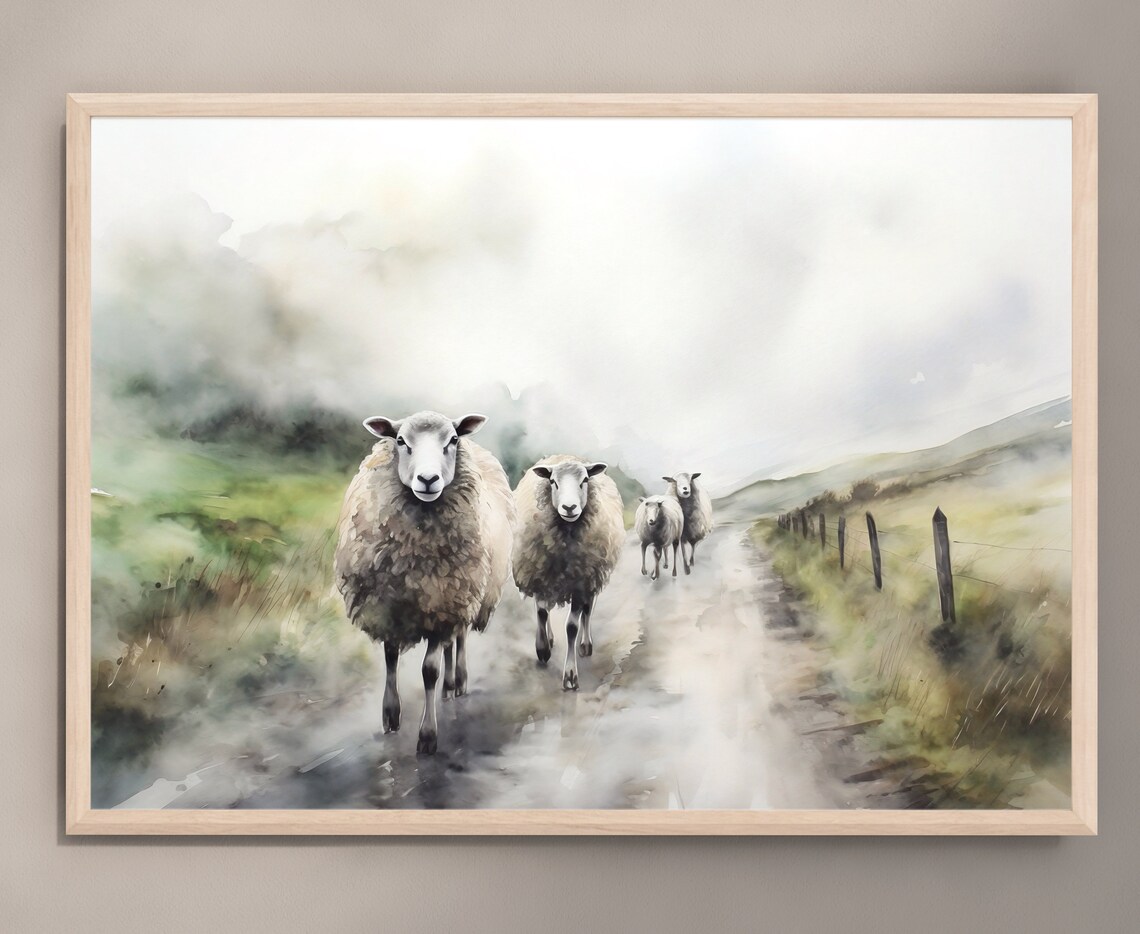 Irish Sheep Misty Country Lane Rustic Farm Animals Watercolor Poster - Image 3