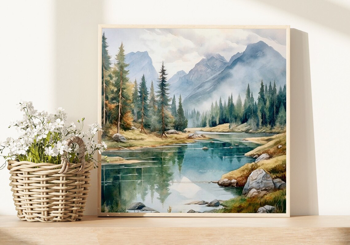 Calm Alpine Lake Reflections Evergreen Forest Misty Watercolor Poster - Image 3