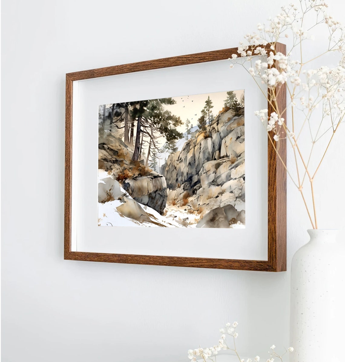 Snowy Rocky Mountainside Watercolor with Pines and Birds Print - Image 4