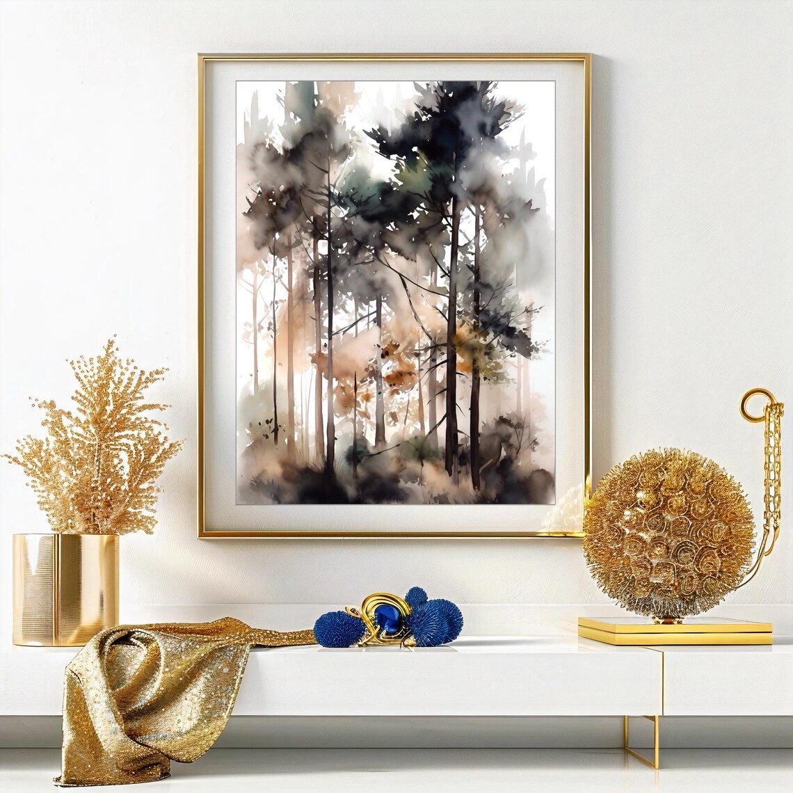 Misty Pine Forest Warm Golden Light Foggy Trunks Watercolor Poster - Image 5