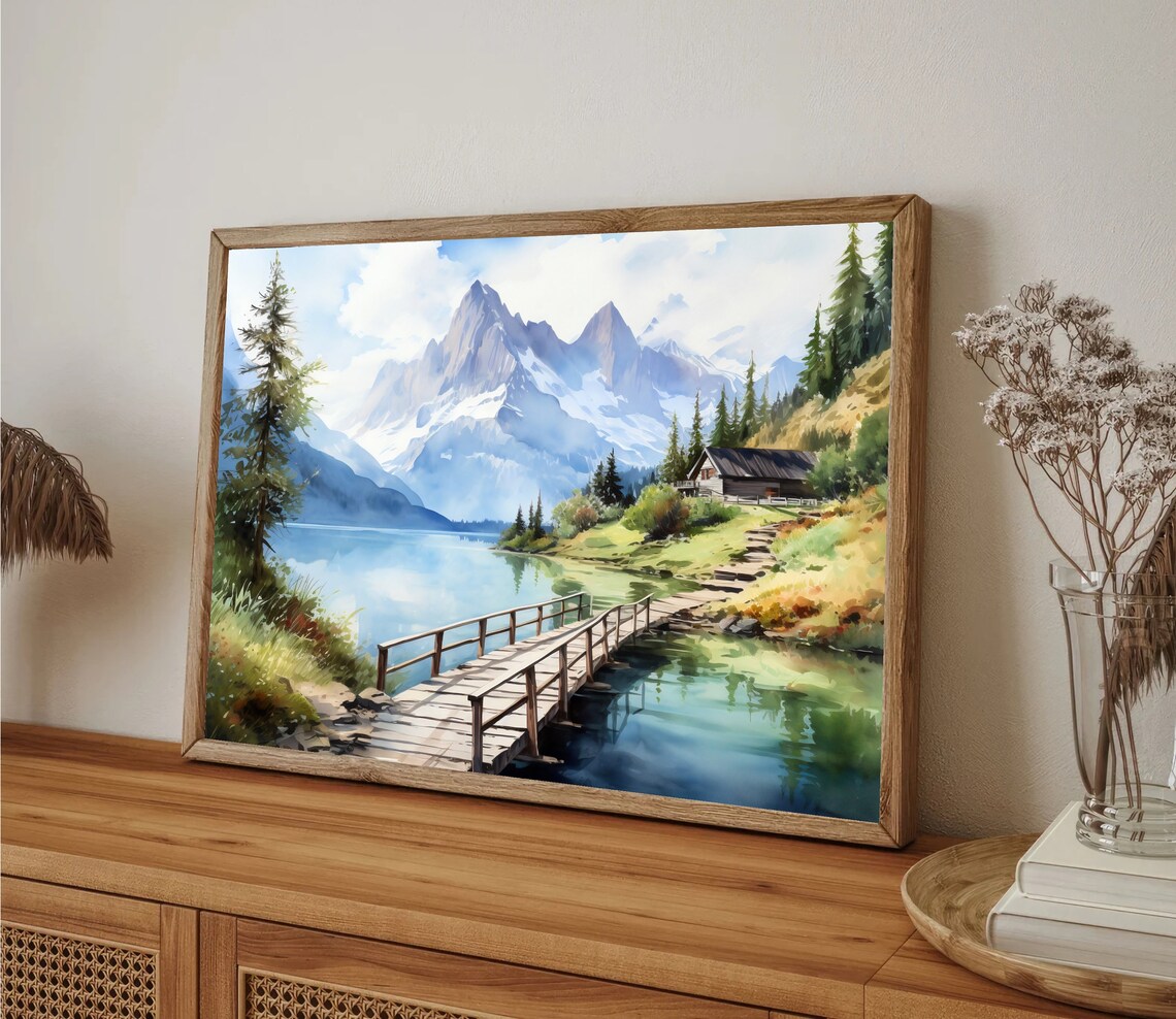 Alpine Lake Wooden Footbridge Chalet Snowcapped Peaks Art Poster - Image 4
