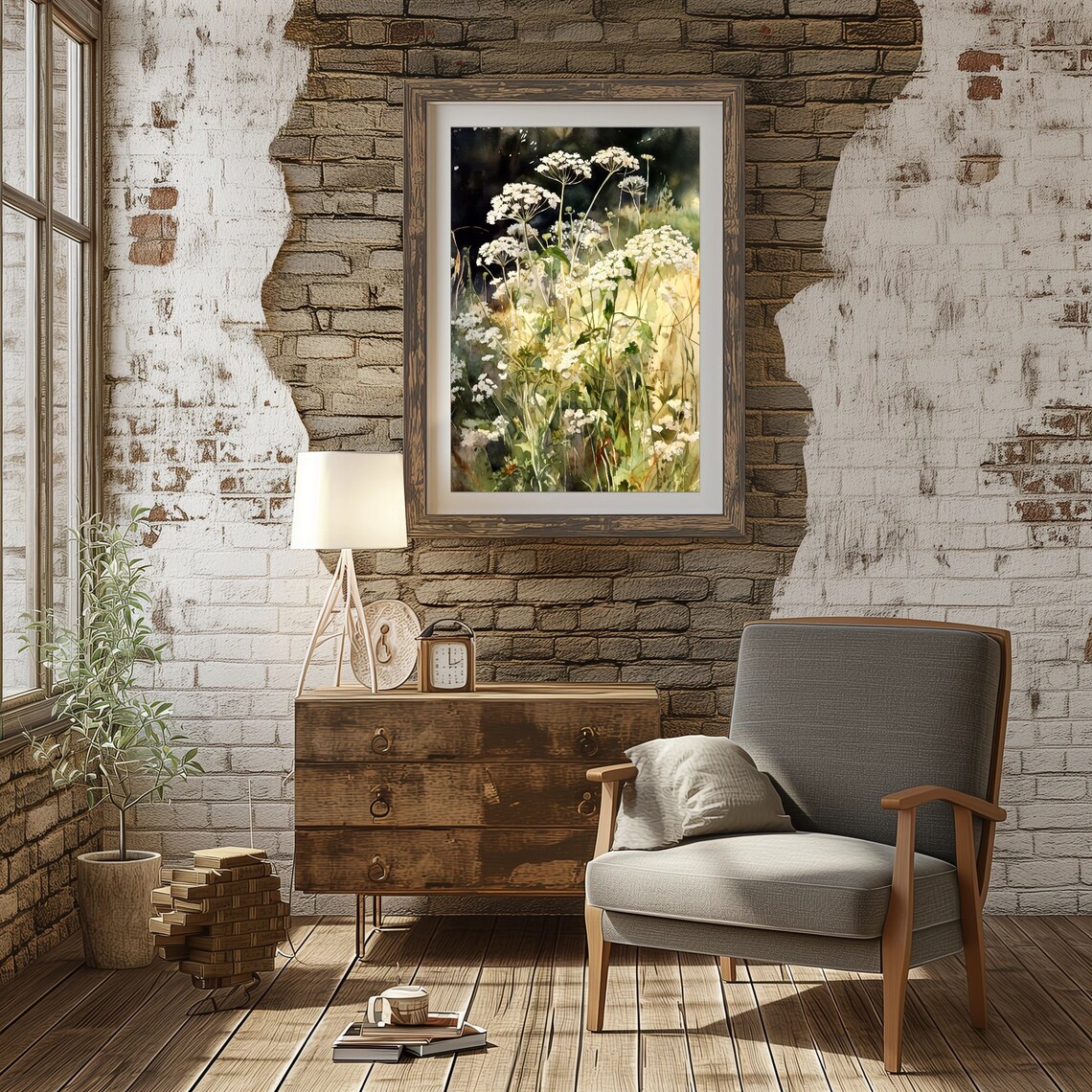 White Yarrow Wildflowers Watercolor with Dark Garden Background Print - Image 2