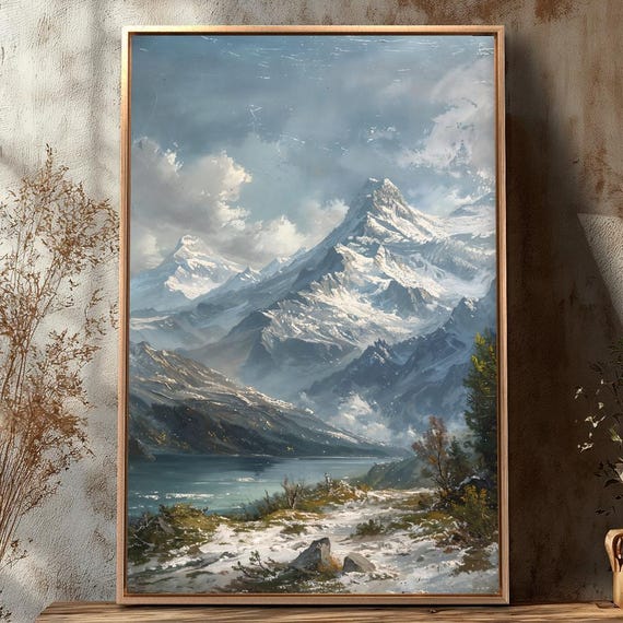 Nature Landscape Framed Canvas Wall Art Snowy Mountains Painting Print Frozen Lake Poster Winter Wilderness Decor Gift For Him Ready To Hang