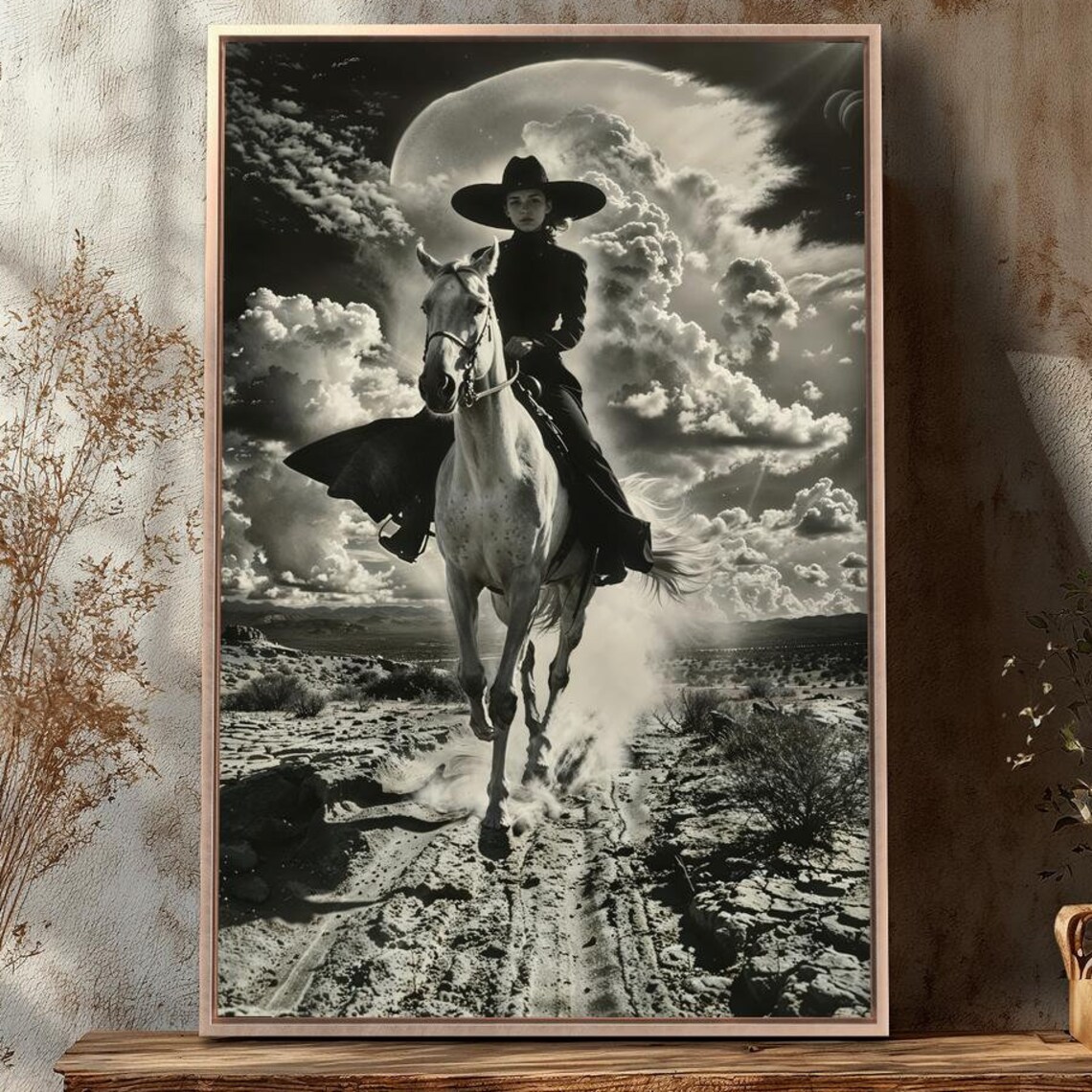 Western Cowgirl Horseback Desert Poster Dramatic Monochrome Equestrian Art