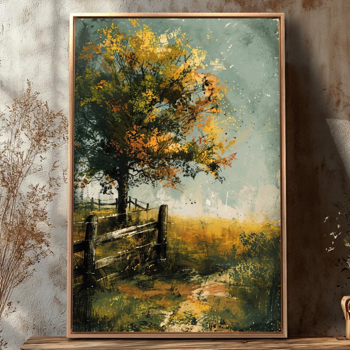 Country Landscape Art Print, Rustic Autumn Tree