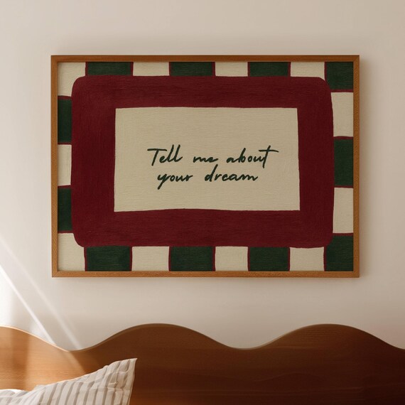 Tell Me About Your Dream Bed Print Horizontal Above Wall Art Hand Drawn Textured Mid Century Bedroom Poster Retro Stay In