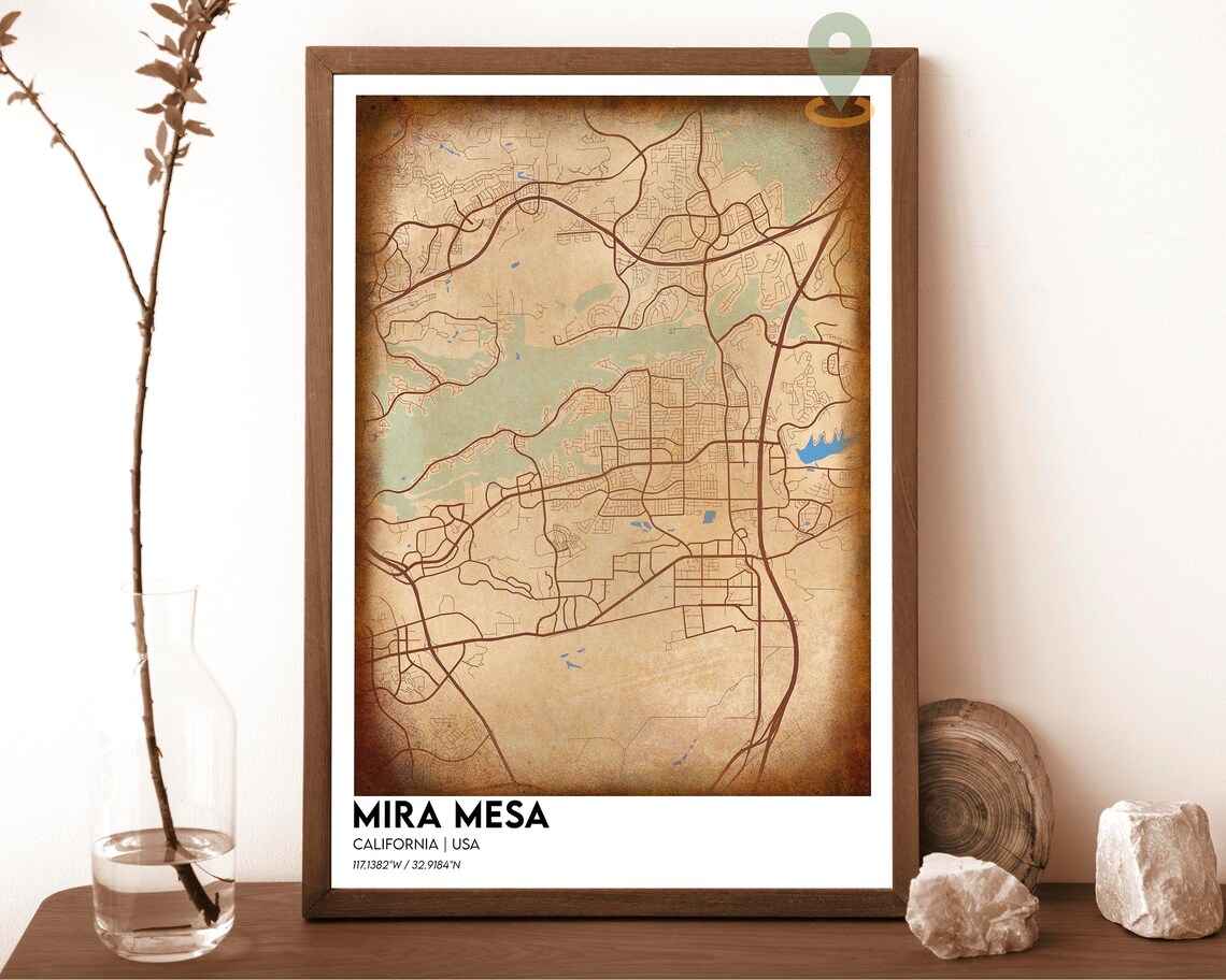 Mira Mesa California Vintage Parchment Street Map Art Poster