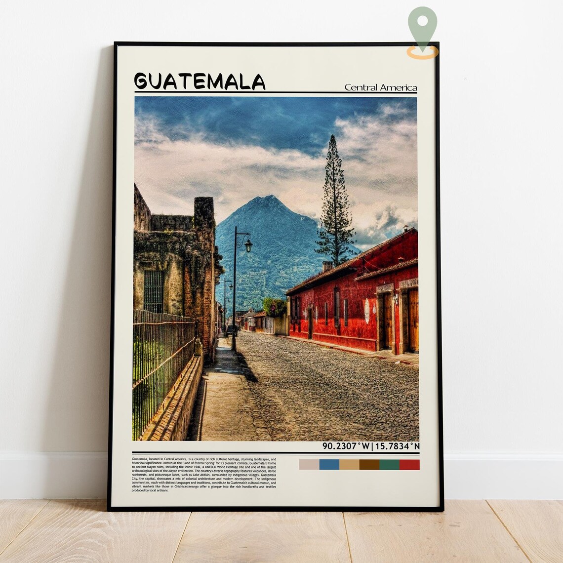 Guatemala Antigua Colonial Street and Volcano View Travel Poster - Image 2