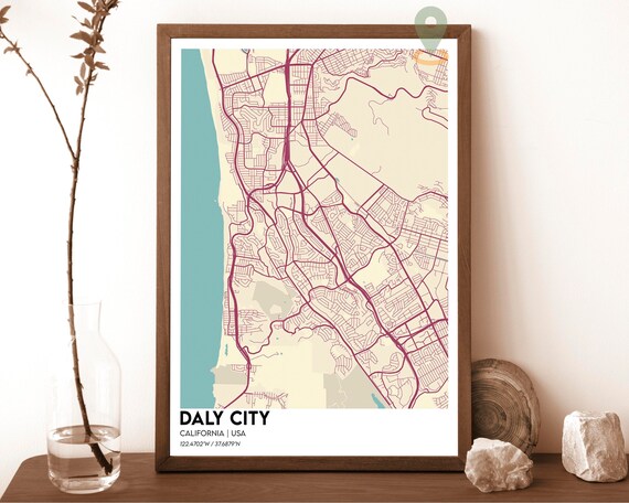 Daly City California Cream Maroon Coastal City Map Art Poster