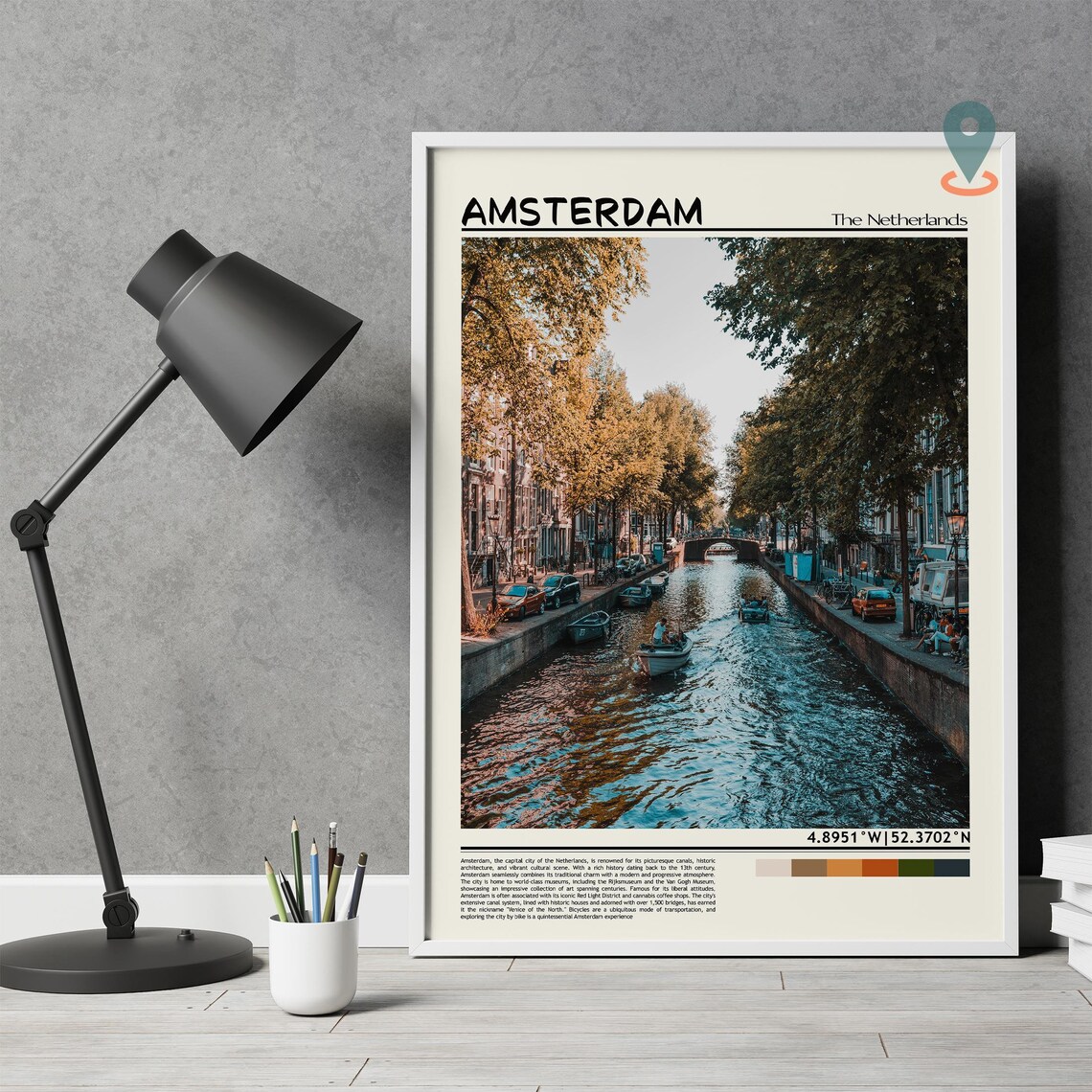 Amsterdam Netherlands Golden Canal Boats Cityscape Travel Poster - Image 4