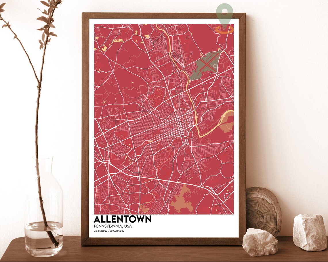 Allentown Pennsylvania blush pink with grey streets Street Map Coordinates Poster - Image 4