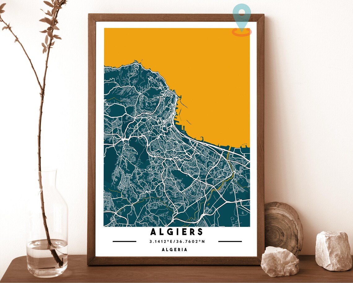 Algiers Algeria navy with a pale cream coast Street Map Coordinates Poster - Image 5
