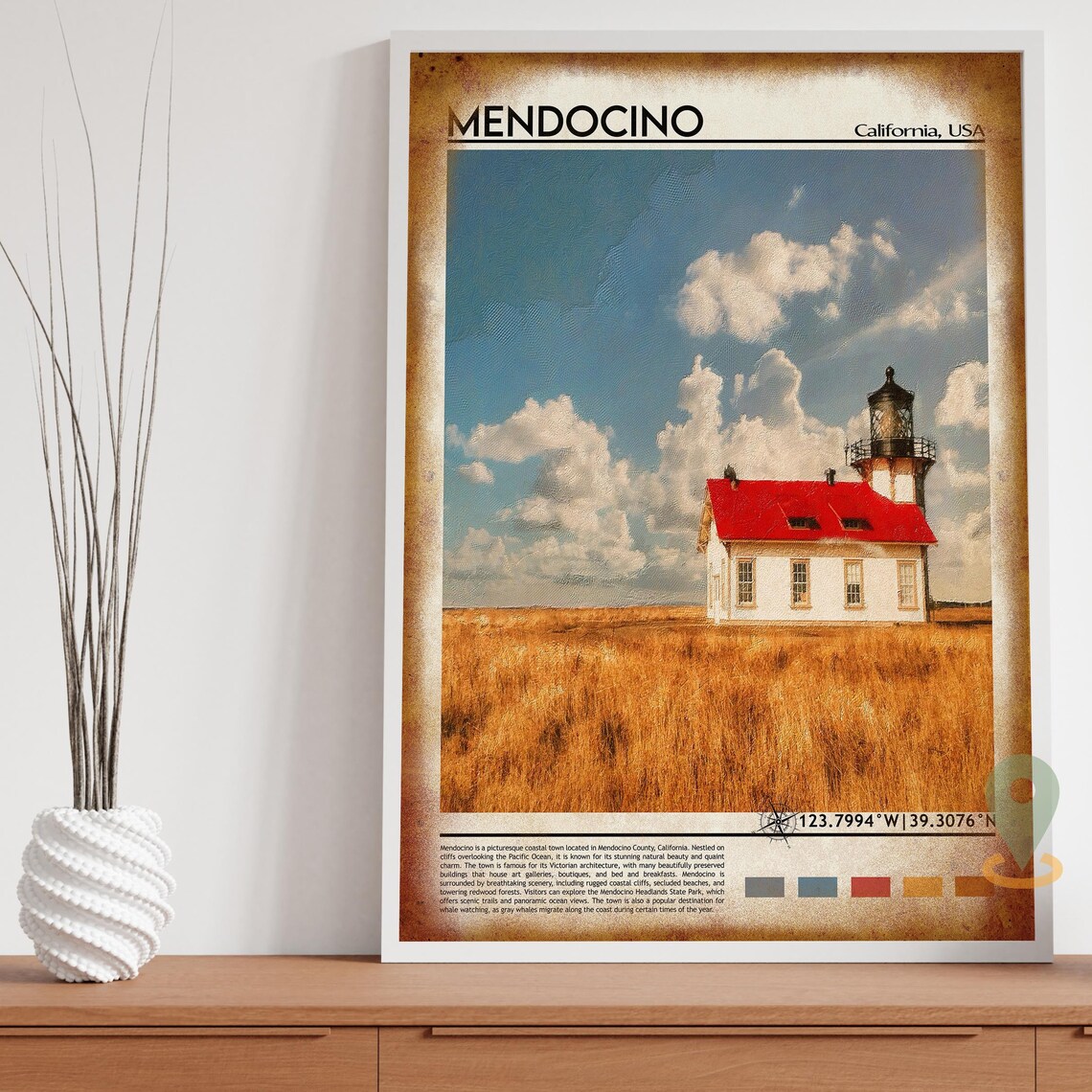 Mendocino California Red Roof Lighthouse Coastal Travel Poster - Image 5