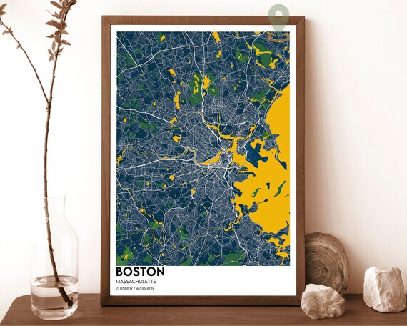 Boston Massachusetts City Map Poster Navy Gold Modern Coastal Art