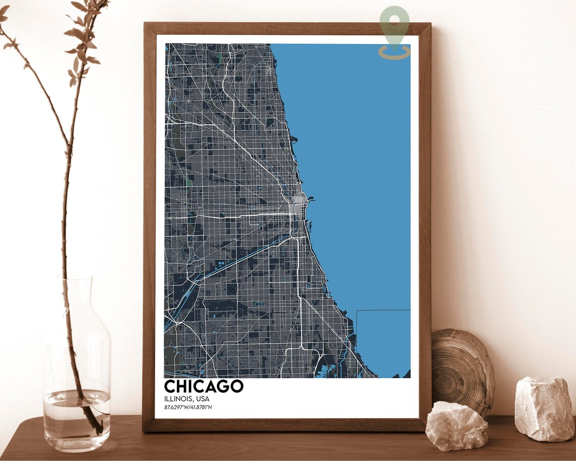Chicago Illinois Blue Street Map Modern Art Print for Chicago City Fans