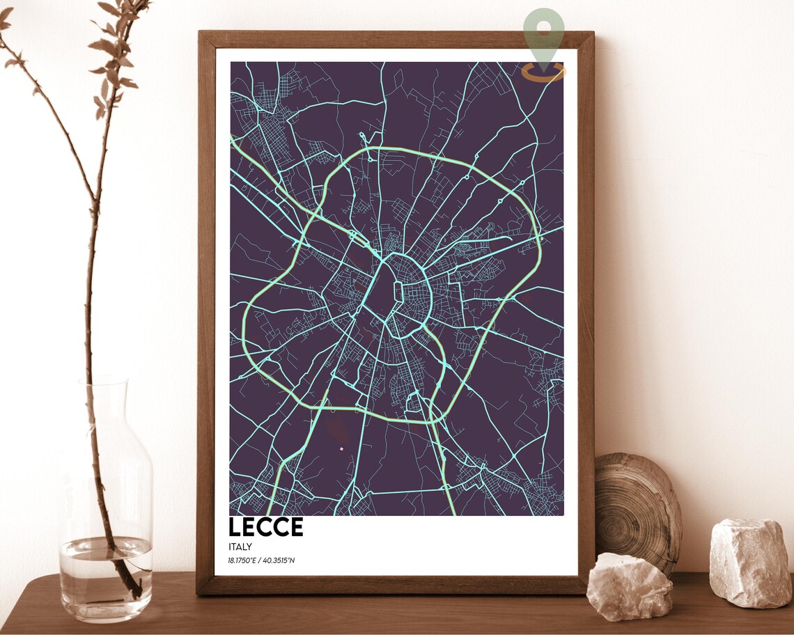 Lecce Italy City Map Dark Plum Neon Glowing Street Lines Poster