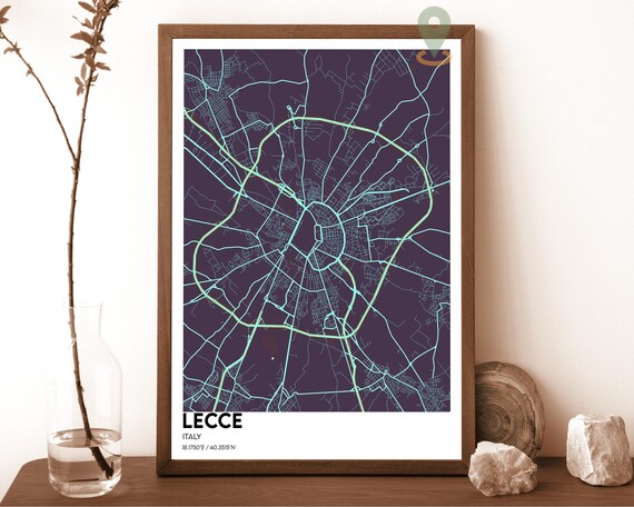 Lecce Italy City Map Dark Plum Neon Glowing Street Lines Poster