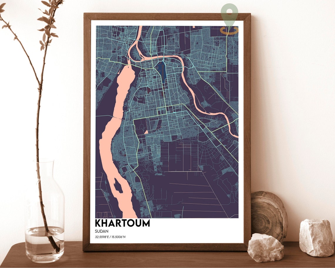 Khartoum Sudan City Map Dark Navy Street Grid Modern Wall Art