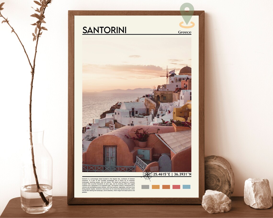 Santorini Greece Sunset White Houses Aegean Sea Travel Poster