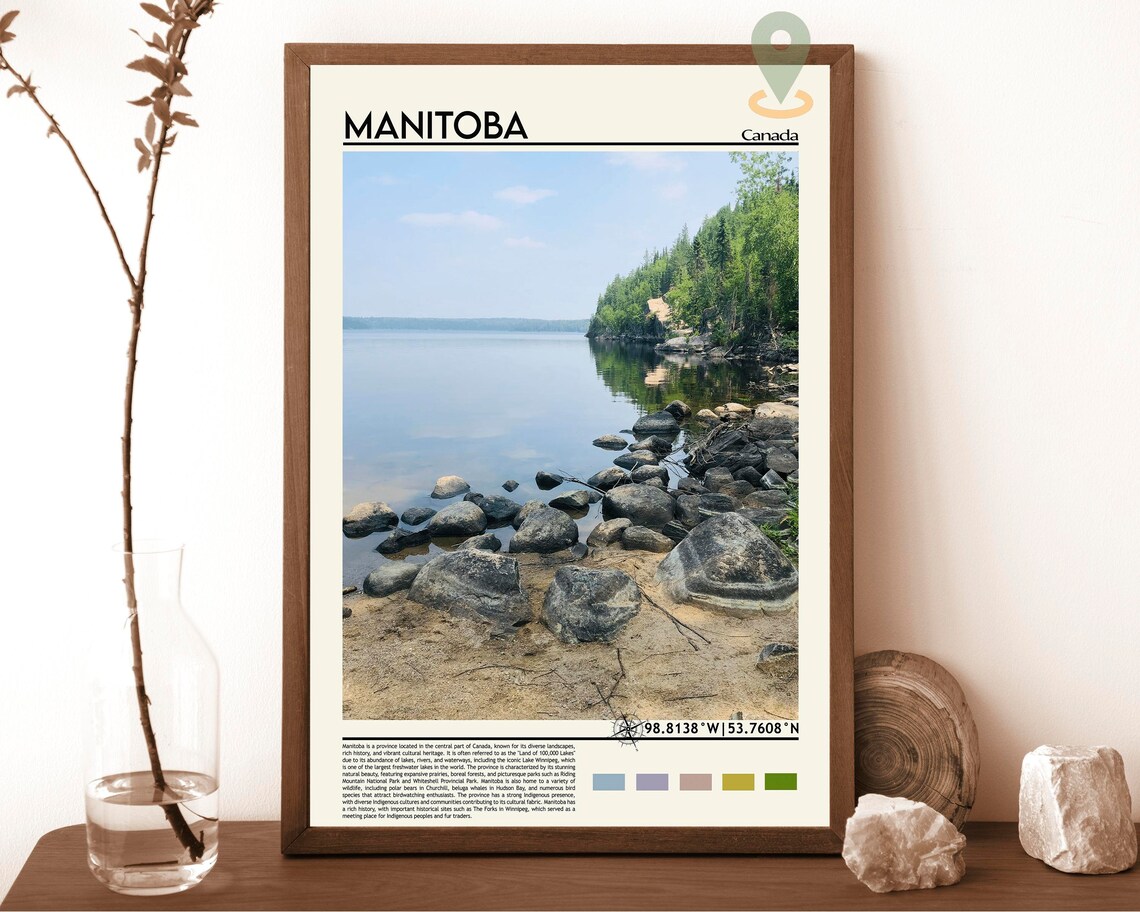 Manitoba Canada Tranquil Rocky Lakeshore Nature Scene Poster