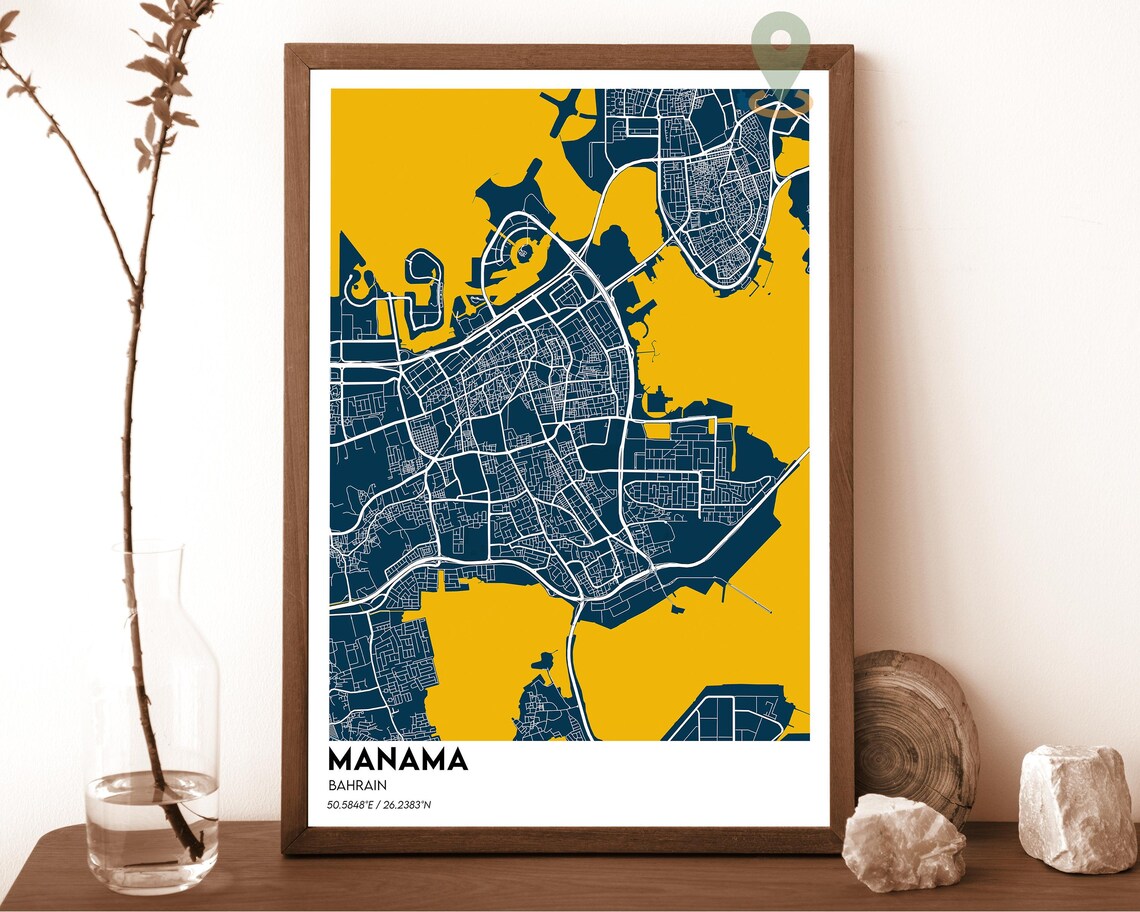 Manama Bahrain Navy Mustard City Street Map Modern Travel Poster