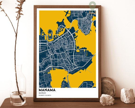Manama Bahrain Navy Mustard City Street Map Modern Travel Poster